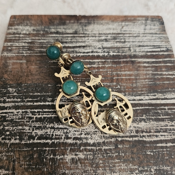 Ancient Chinese Zhou armor Warrior Samurai Japan Gold Tone Jade Stone Earrings - Picture 8 of 12